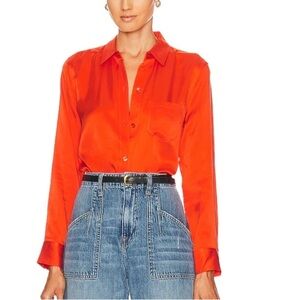 Andrew Marc New York Womens Red Orange Silky Button Up Blouse Minimal Large NWT